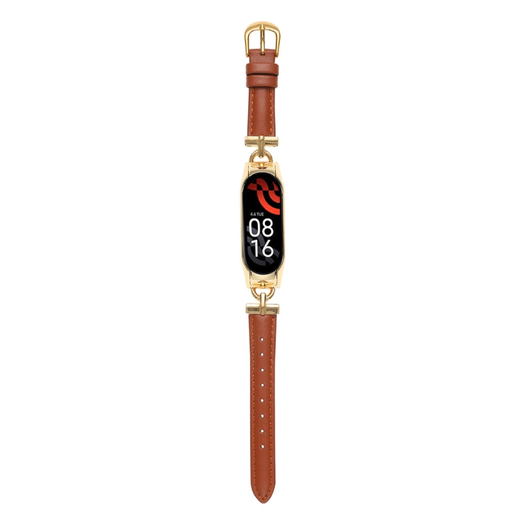 Reddish-brown genuine leather watch band with gold-tone steel D clasp