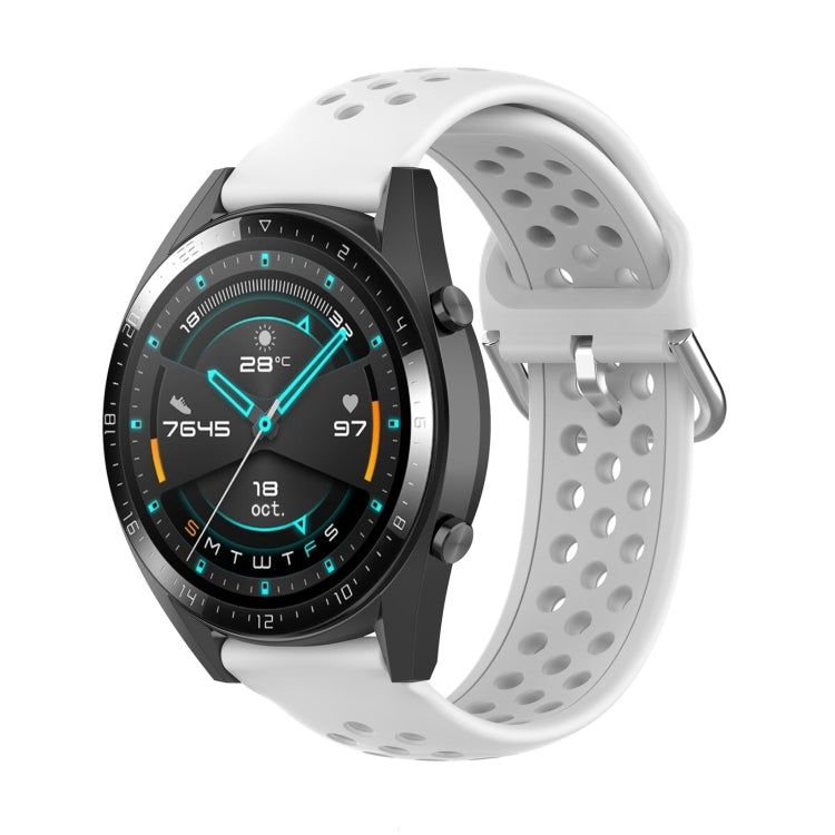 White sport watch strap with perforated band and metal buckle clasp