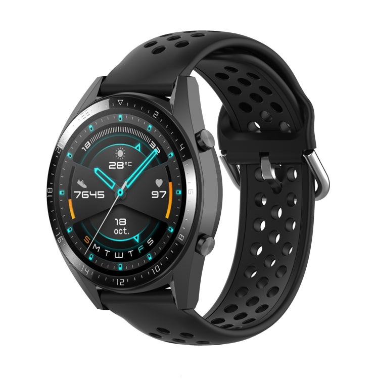 Black sport watch strap with perforated band and metal buckle clasp