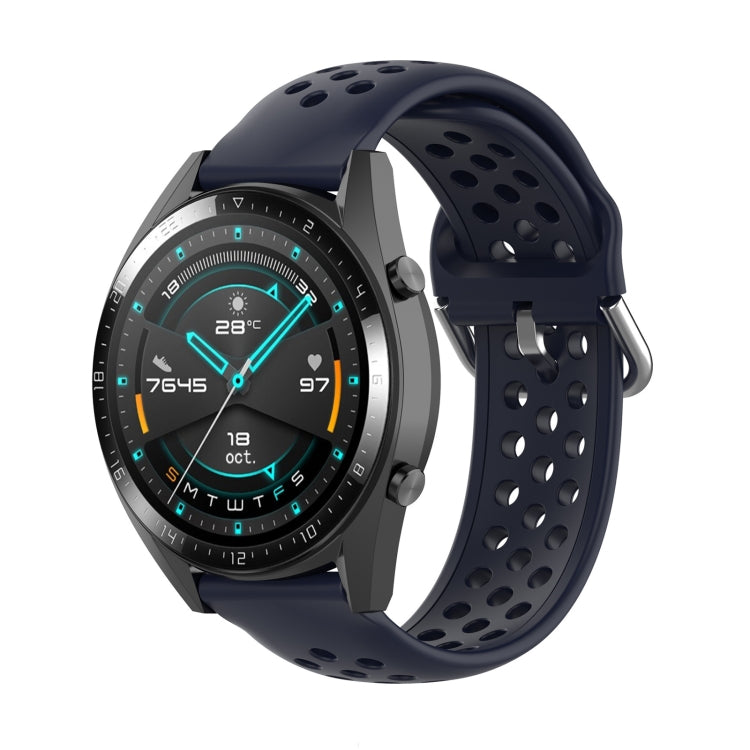 Navy silicone sport watch strap with perforated holes and metal clasp for secure fit