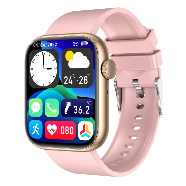Smartwatch with pink strap and gold case, showing colorful health and weather icons on screen