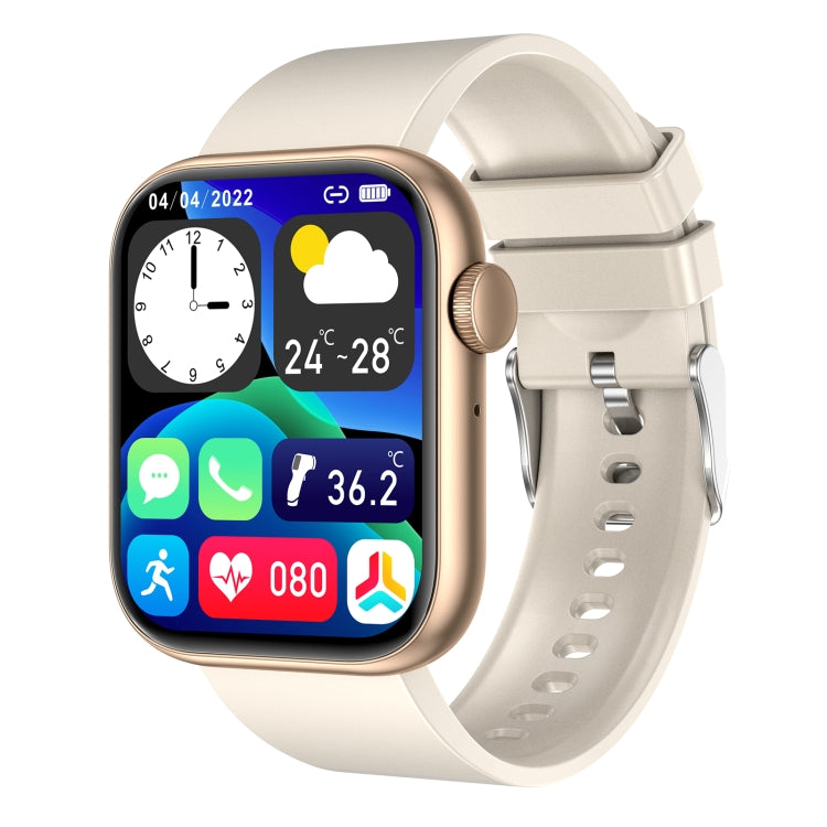 Smartwatch with beige strap and gold case, screen showing weather and fitness icons