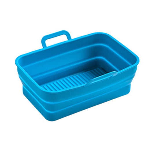 Rectangular silicone air fryer baking pan, blue with ribbed base and double pull handle