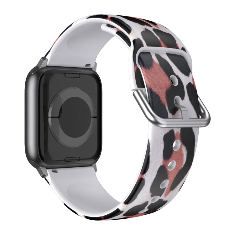 Leopard print TPU watch band with metal buckle, side view of perforated strap