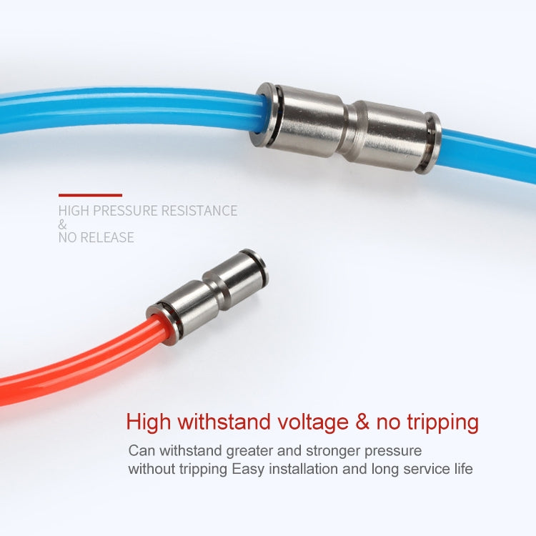 Nickel plated copper straight quick pneumatic fitting connector with blue and red hoses