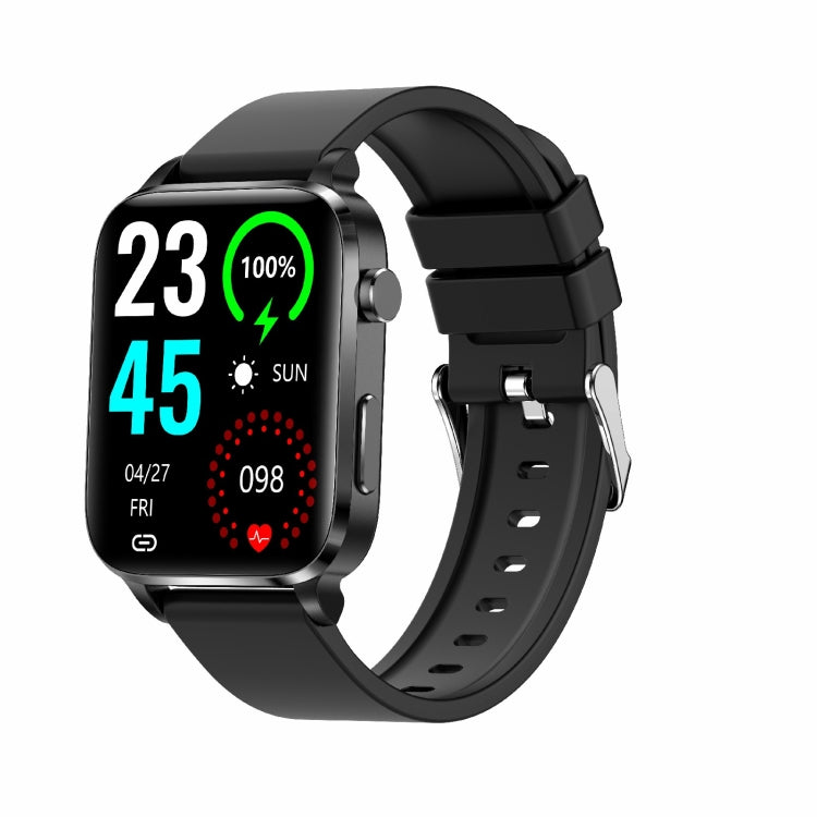Square smart watch with black TPU strap, health stats shown on its screen.
