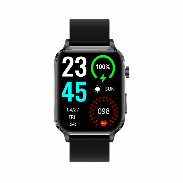 Square smart watch with black TPU strap, front view with health-style display.