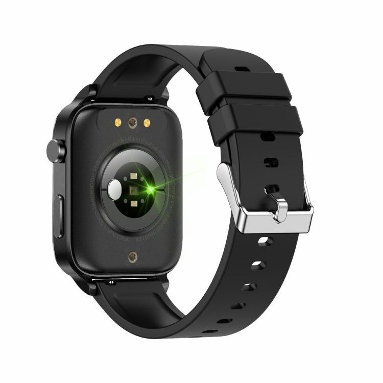 Square smartwatch with black TPU strap, back sensor area visible with glare.