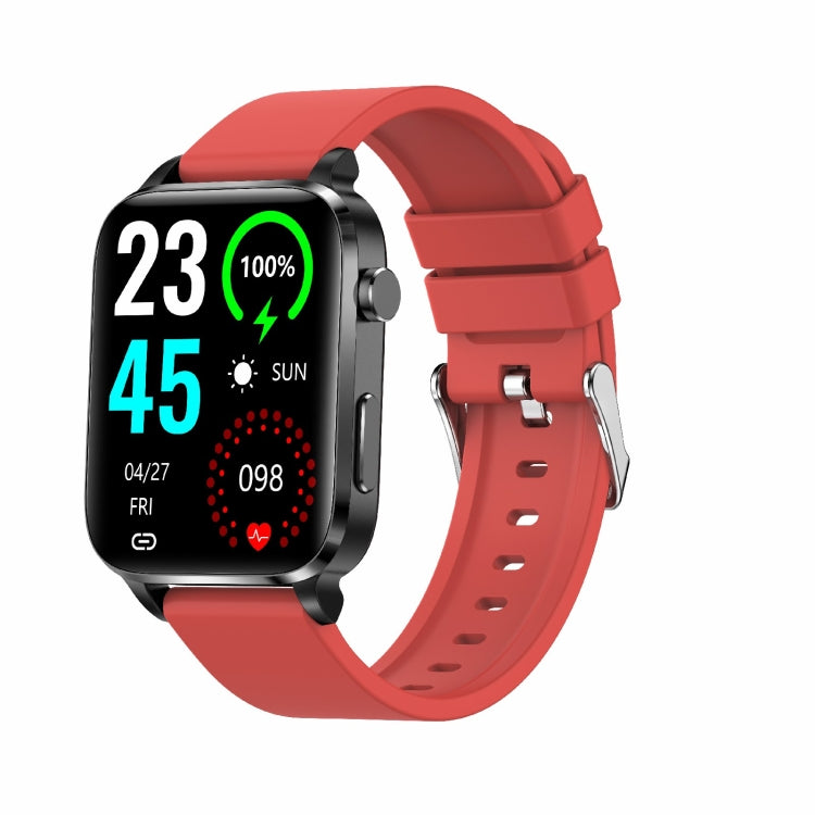 Square smart watch with red TPU strap, health stats shown on its screen.