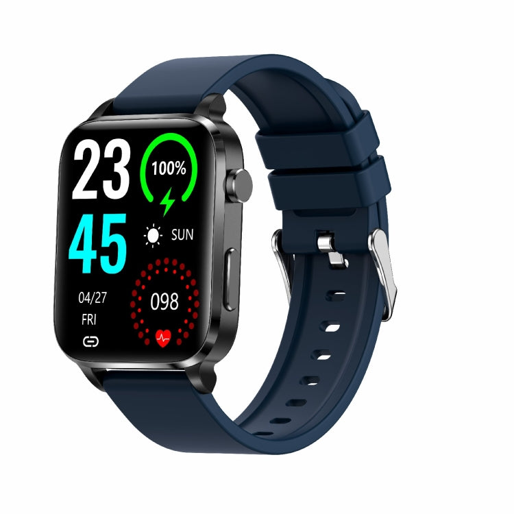 Square smart watch with blue TPU strap, angled view with health stats display.
