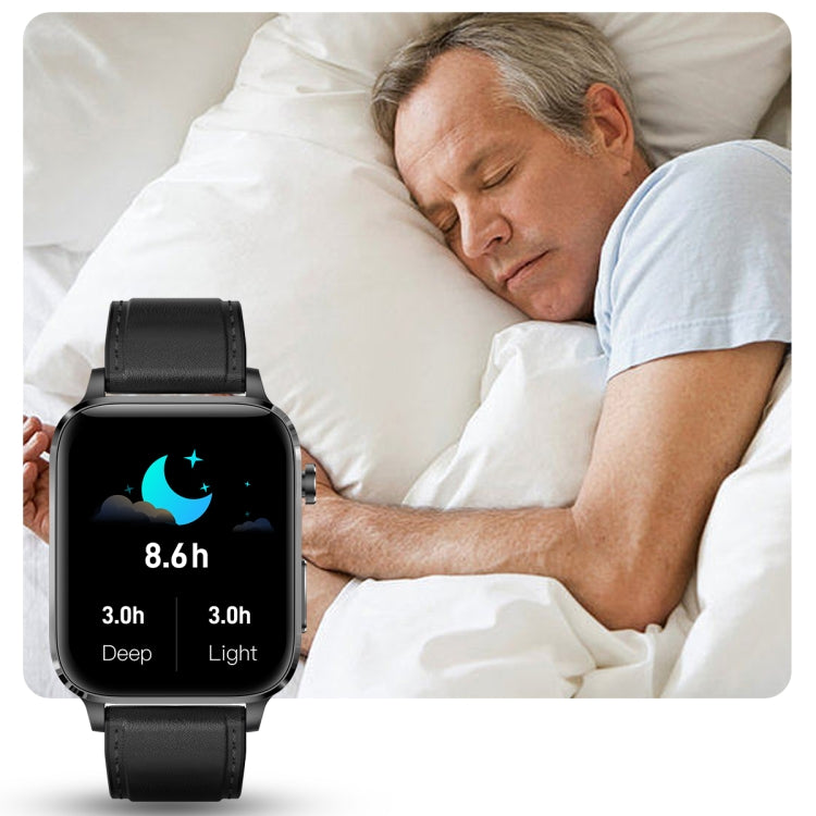Square smartwatch with black TPU strap on a man’s wrist, screen shows sleep icons.