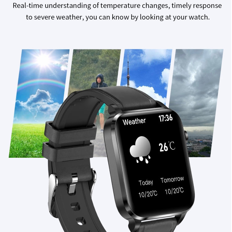 Square smartwatch with black TPU strap showing weather and temperature on screen.