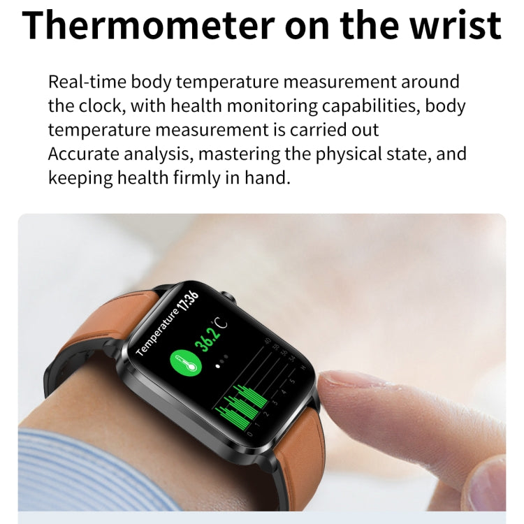 Square smartwatch on wrist with orange TPU band, screen shows temperature reading.