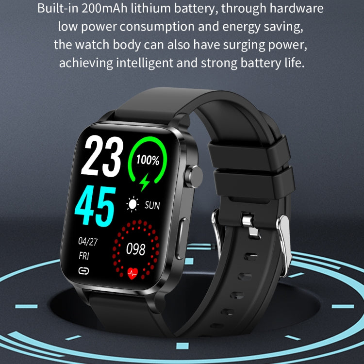Square smartwatch with black TPU strap, screen shows icons with animated ring accents.