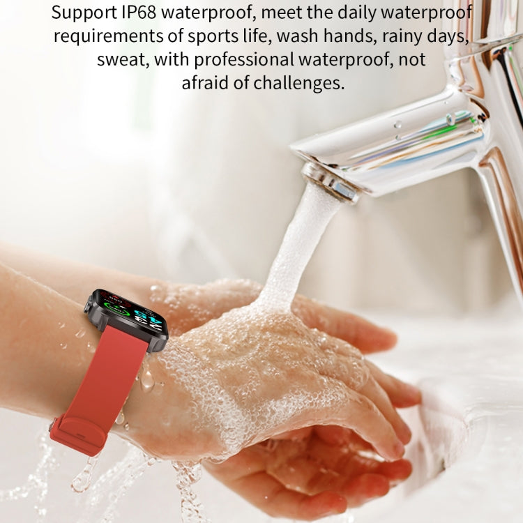 Red TPU strap smart watch while being washed, showing a lit square screen.