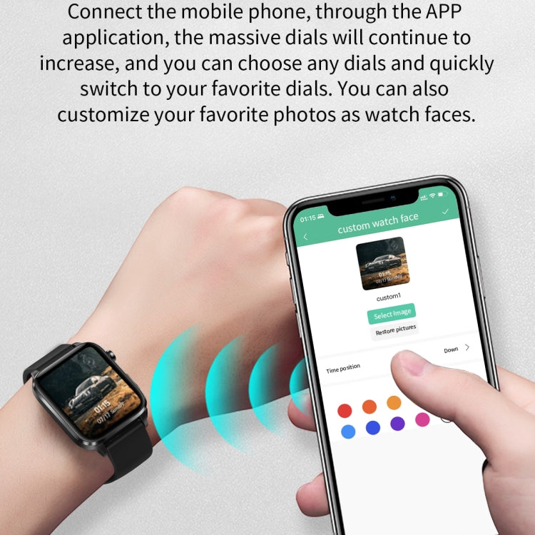 Black TPU strap smart watch with square screen, with a phone showing watch-face options.