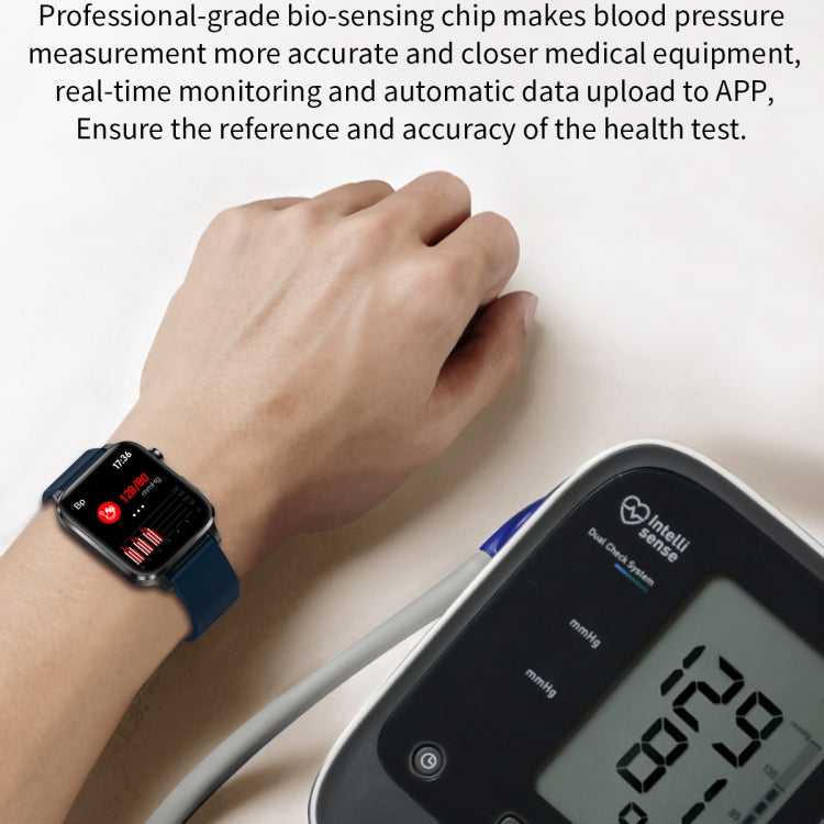 Blue TPU strap smart watch with square display showing health-style graphics.