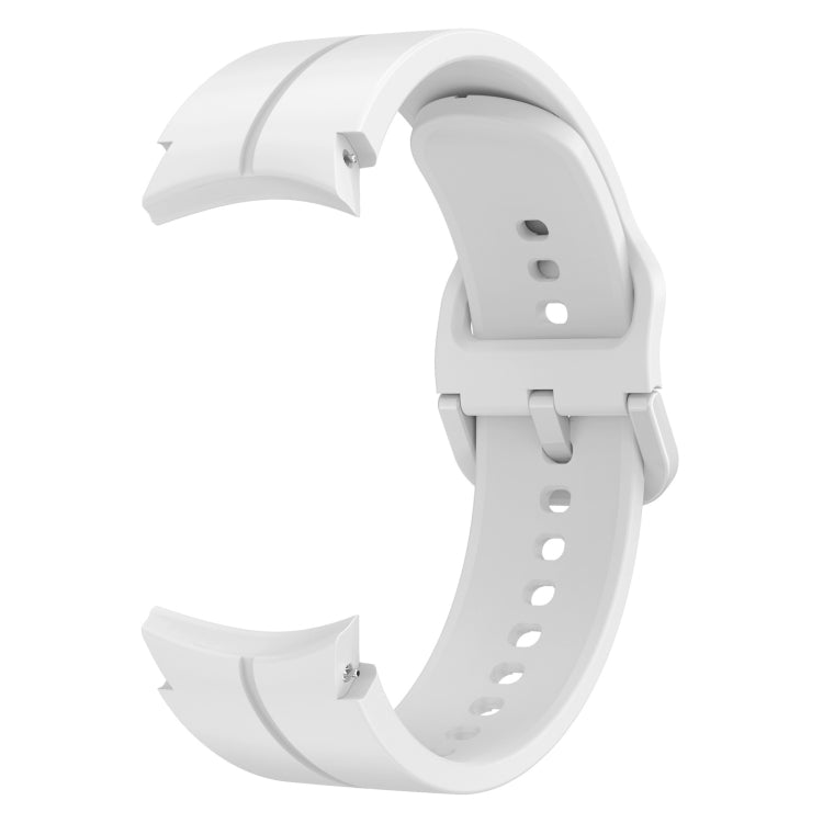 White silicone watch band with buckle and multiple adjustment holes, curved ends