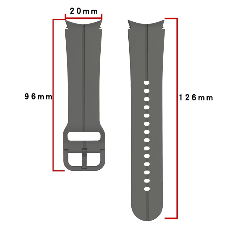 Gray silicone watch band with buckle, size diagram showing 20mm width