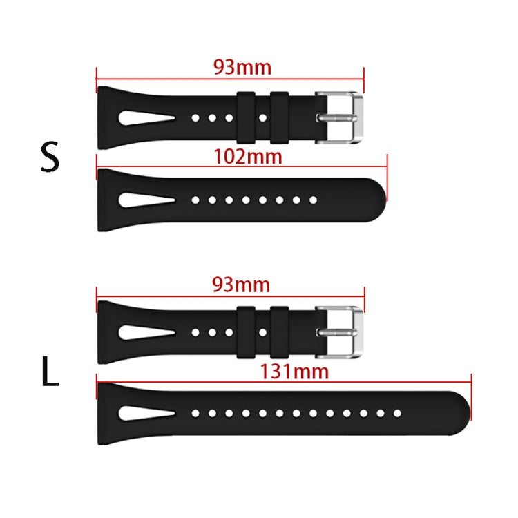 Silicone watch band size chart showing S and L strap lengths and hole layout