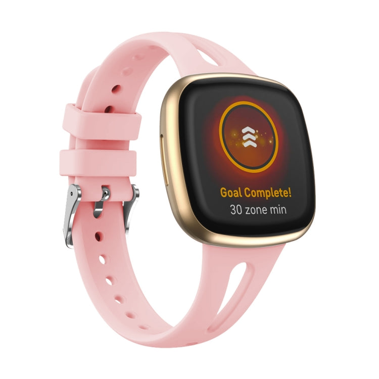 Pink silicone water-drop watch band with metal buckle and pin, shown with smartwatch