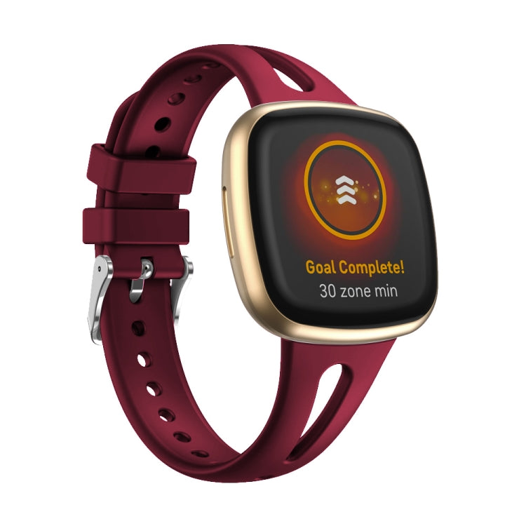 Wine red slim silicone watch band with perforations, latch, and metal buckle for Versa 3/4