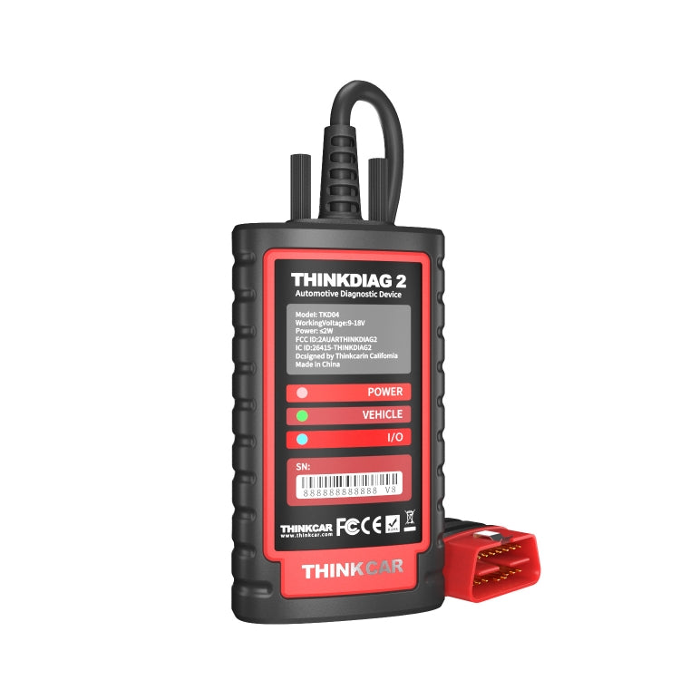 Red and black handheld OBD2 car diagnostic scanner with dual cables and lit screen