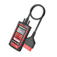 Handheld OBD2 diagnostic scanner with connected cable and red backlit display panel