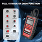 Handheld OBD2 car diagnostic scanner with red control screen and cable connector