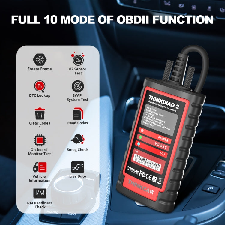 Handheld OBD2 car diagnostic scanner with red control screen and cable connector