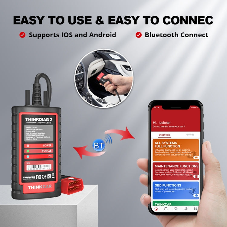 Handheld OBD2 diagnostic scanner with Bluetooth connection to smartphone app