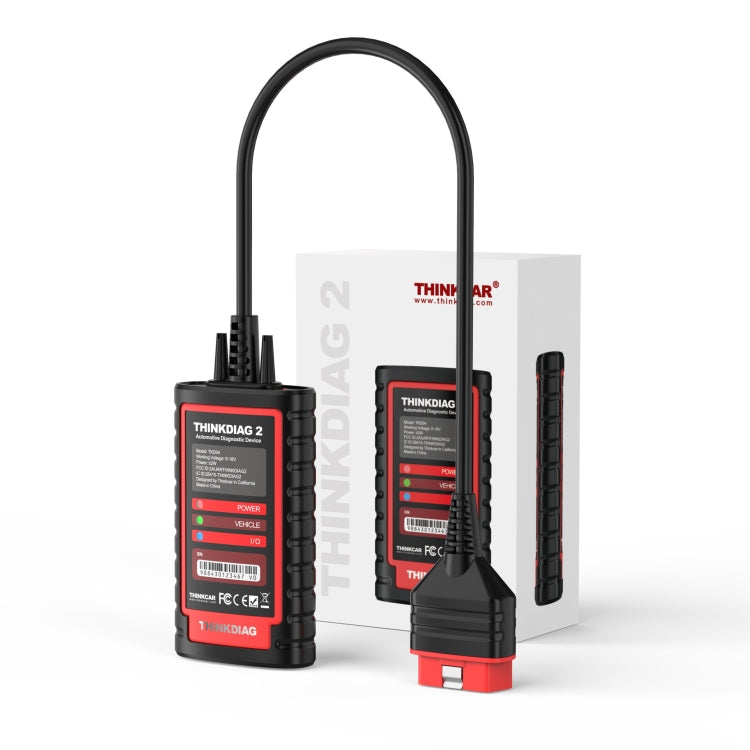 Handheld OBD2 diagnostic scanner with long cable and adapter, shown with box