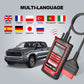 Compact black handheld OBD2 diagnostic scanner with red backlit buttons and cable