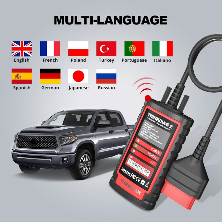 Compact black handheld OBD2 diagnostic scanner with red backlit buttons and cable
