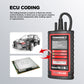 Handheld OBD2 scanner with red illuminated screen and black rugged housing, front view