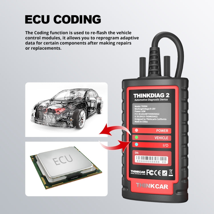 Handheld OBD2 scanner with red illuminated screen and black rugged housing, front view