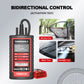 Handheld OBD2 diagnostic scanner with red button panel and attached cable, black body