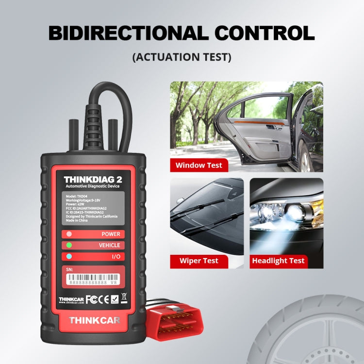 Handheld OBD2 diagnostic scanner with red button panel and attached cable, black body