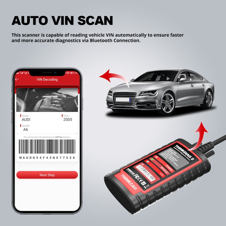 OBD2 scanner with red backlit screen and connector cable, angled handheld view