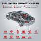 Handheld OBD2 diagnostic scanner with red display and cable interface for full system checks