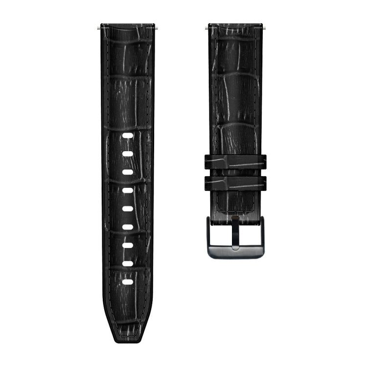 Black crocodile-texture watch band shown front and back with metal buckle