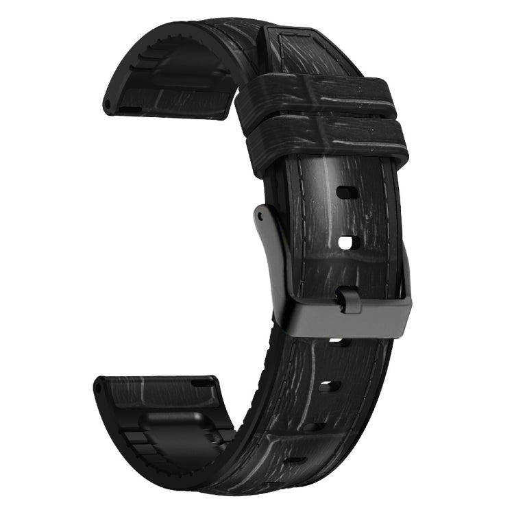 Black crocodile-texture silicone leather watch band, underside view with pin buckle
