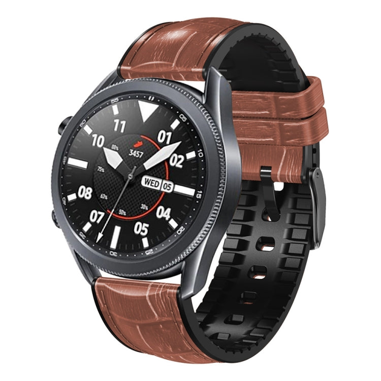 Dark brown crocodile-texture silicone leather watch band with metal buckle, 46mm