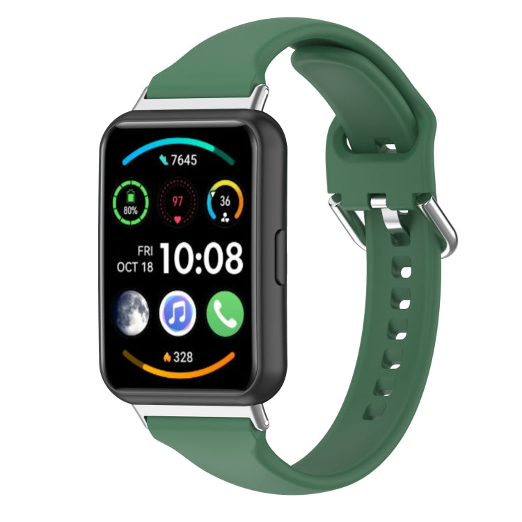 Silicone smartwatch band with metal buckle, dark green strap and perforated holes.