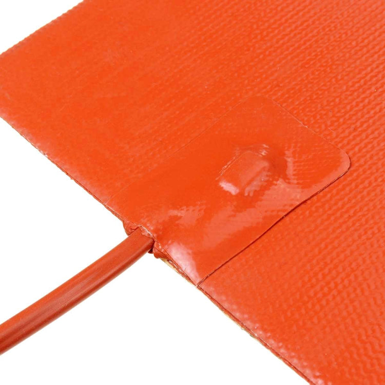 Car engine oil pan heater pad corner detail, orange fabric with attached power wire