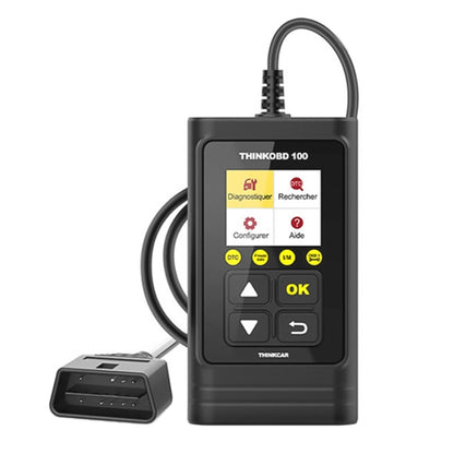 OBD2 car diagnostic scanner with dark handheld screen and OBD cable