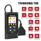 Handheld OBD2 scanner with screen and OBD connector, plus feature icons