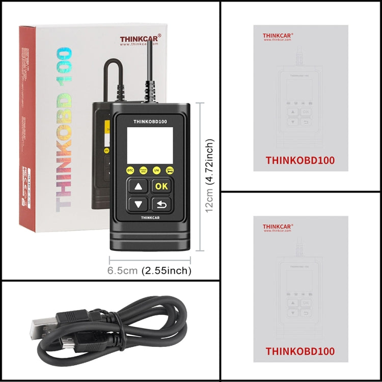 OBD2 scanner, retail box, and OBD cable with compact handheld design
