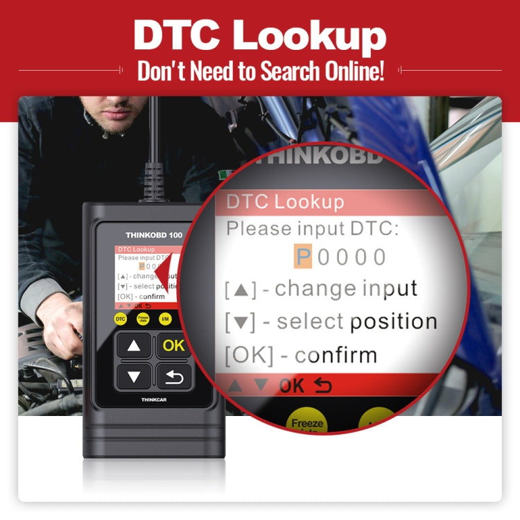 OBD2 scanner screen for DTC lookup with input instructions and controls
