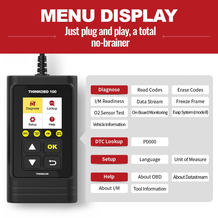 OBD2 scanner menu display with diagnose, read/erase codes, and setup options